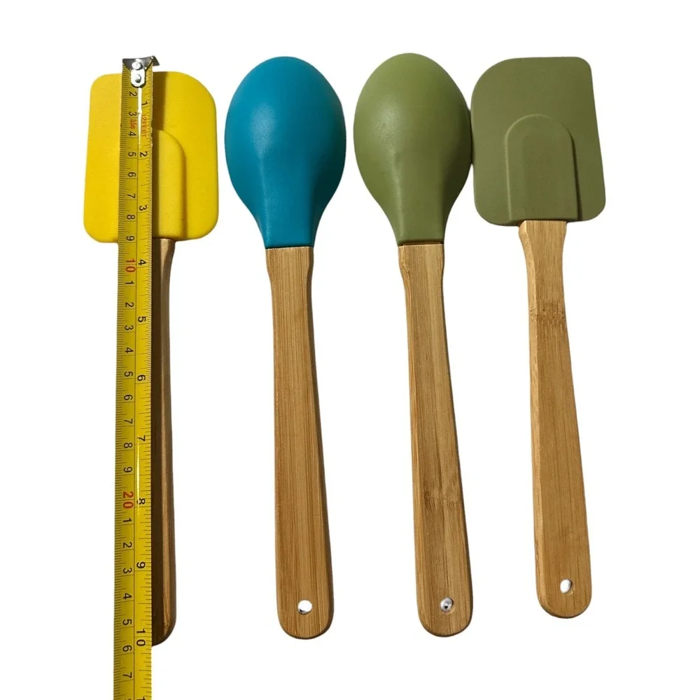 4pc Silicone Spatula Spoon Set Bamboo Handle Lick Me Spoon Me Yellow Blue Green